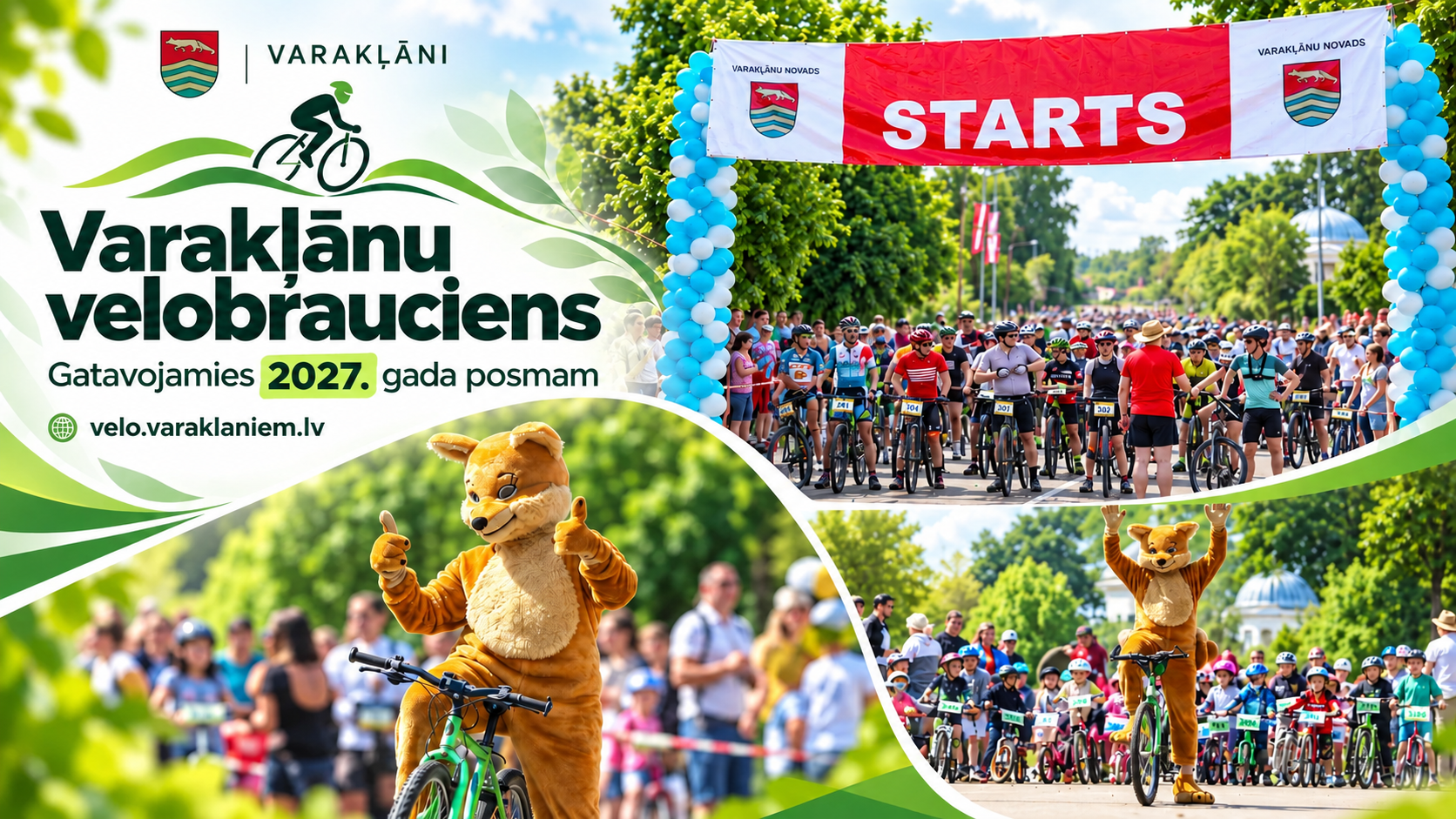 Varakļānu velobrauciena kolāža: velobraucēji pie starta arkas, pasākuma talismans uz velosipēda un bērnu brauciena dalībnieki. Gatavojamies 2027. gada posmam.